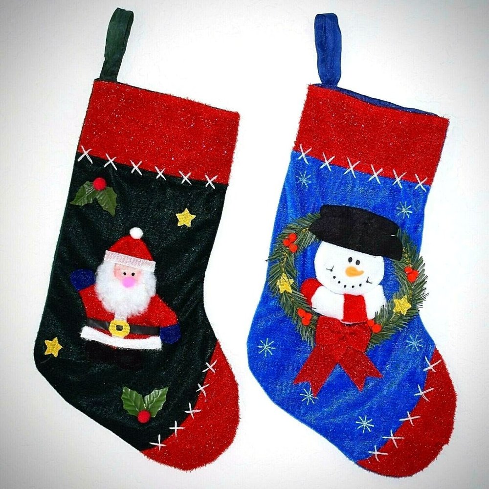 Christmas 3D Stockings Set of 2 Santa Snowman Wreath Red Green Blue Loomco 1999